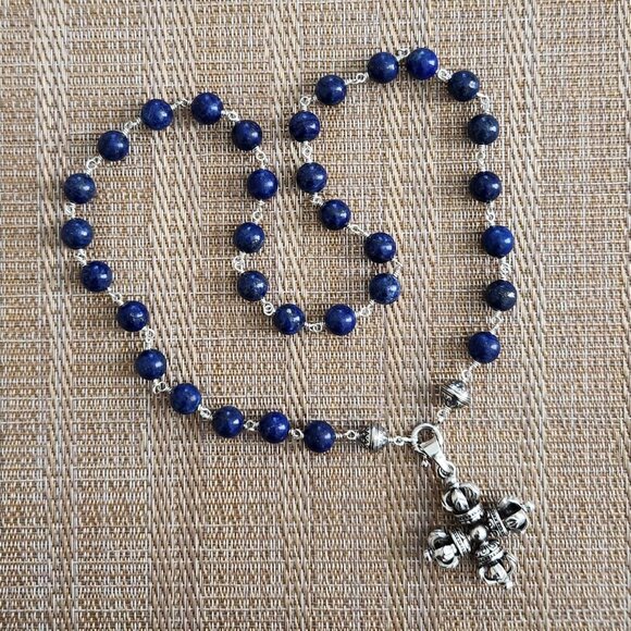 ROCKSTAR LAPIS LAZULI NECKLACE W 925 SILVER DOUBLE DORJE PENDANT-24". UNISEX - Picture 2 of 5